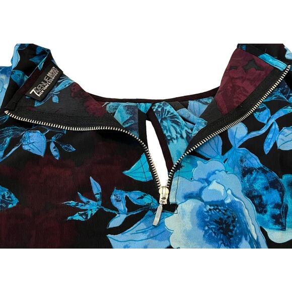 7TH AVENUE DESIGN STUDIO TUNIC BLOUSE, WOMENS, L, BLUE CRANBERRY BLACK FLORAL - Picture 7 of 11
